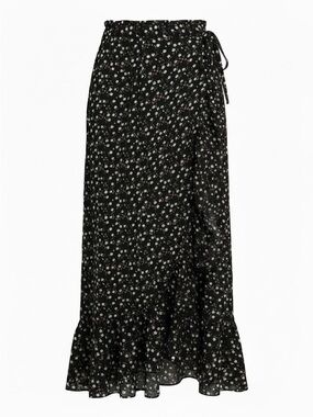 Max Studio Black Daisy-Print Wrap Maxi Skirt with Ruffle Hem